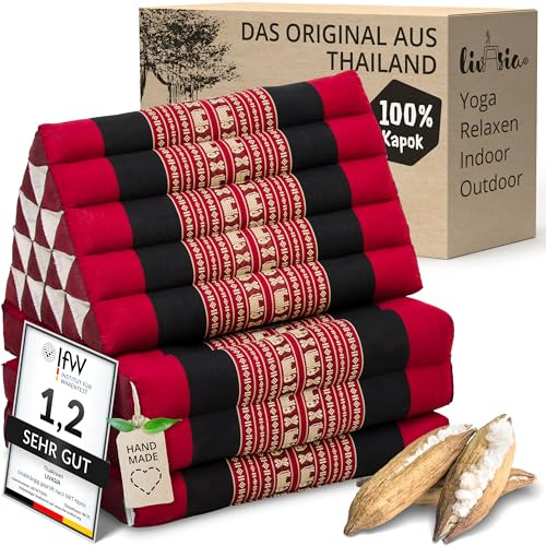 livasia cuscino thai a 3 segmenti alto - 185x55x8cm - cuscino triangolare con materasso pieghevole, kapok, cuscino per la schiena jumbo, tappetino thai da piegare, fatto a mano (Rosso/Elefanti)