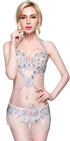 ROYAL SMEELA Belly Dance Costume for Women Tribal Belly Dance Bra and Belt Set Rhinestone Bra Top Sequin Belt Carnival Outfit