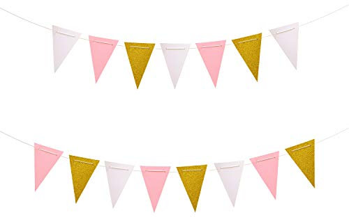 Oblique Unique® Guirlande de fanions - 3 m - Blanc et or rose - Avec effet scintillant - Pour anniversaire, mariage, fête, anniversaire d'enfant