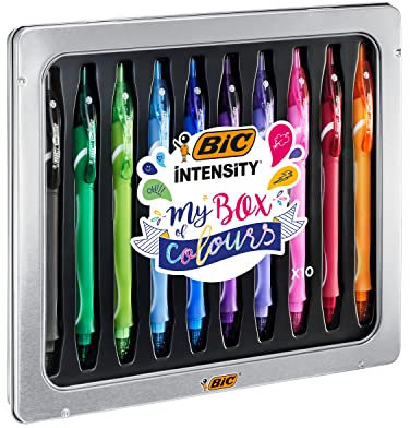 BIC Gel-ocity Quick Dry Tintenroller Stifte Set, Gelstifte in 10 verschiedenen Farben, in Geschenkbox aus Metall, Mittlerer Spitze (0,7 mm), My Box of Colours