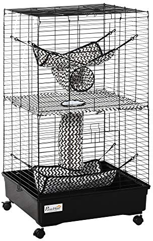 PawHut 42 Ferret Cage, Small Animal Habitat Metal Pet Cage with Wheels Brakes, Hammocks, Hanging Tunnels, and 3 Doors, Black
