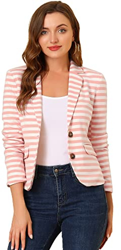 Allegra K Women's Notched Lapel Pocket Button Closure Striped Blazer Large White Pink