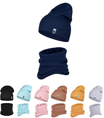 HEYO Kinder Beanie Mütze Schlauchschal Set für Mädchen Jungen Frühling Strickmütze Schal (Blau)