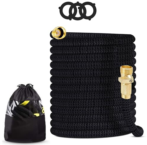 J&B XpandaHose 50ft Expandable Garden Hose- Heavy Duty Superior Strength 3750D - 4 -Layer Latex Core - Extra Strong Brass Connectors and Storage Bag (Black 50)