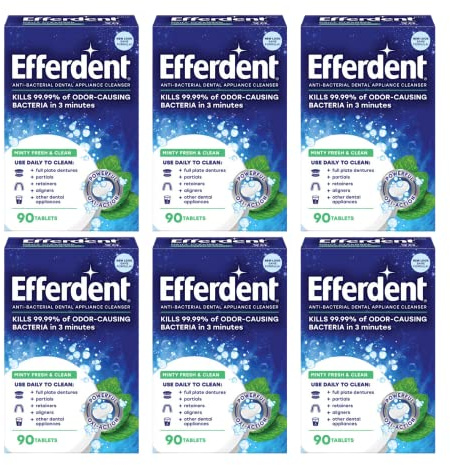 Efferdent Retainer Cleaning Tablets, Denture Cleaning Tablets for Dental Appliances, Minty Fresh & Clean, 90 Count. (Pack of 6)