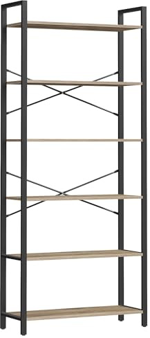 VASAGLE 6-Tier Bookshelf, Bookcase, Shelving Unit, for Office, Study, Living Room, Bedroom, 30 x 80 x 186 cm, Industrial, Camel Brown and Ink Black LLS082B50