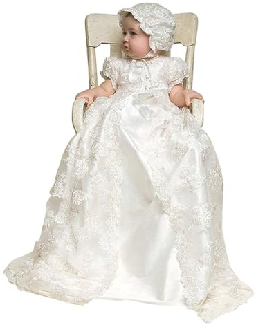 CAMDOM Robe de baptême longue pour bébé 3 pièces en dentelle blanche avec bonnet
