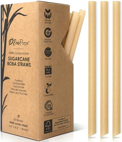 EcoPreps Biodegradable Jumbo Smoothie Straws, Sugarcane Boba Straws - 50 PCS, Extra Wide, 100% Compostable, Plastic-Free, Eco-Friendly Large Wide-Mouthed Straw - 8.25 Long Sugarcane Disposable Straw
