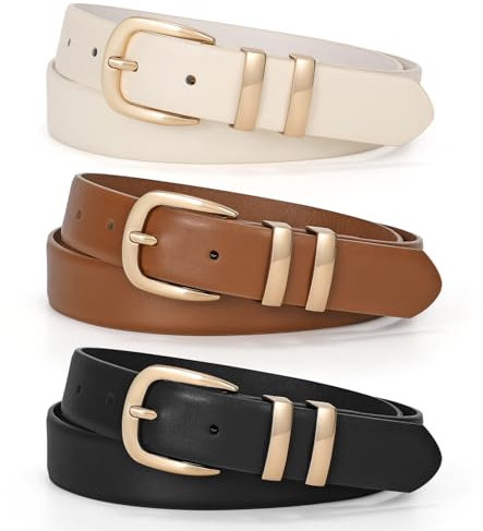 WERFORU 3 Stück Damen Ledergürtel für Jeans Modische Damen Gürtel mit Metallschnalle Schwarz/Braun/Beige