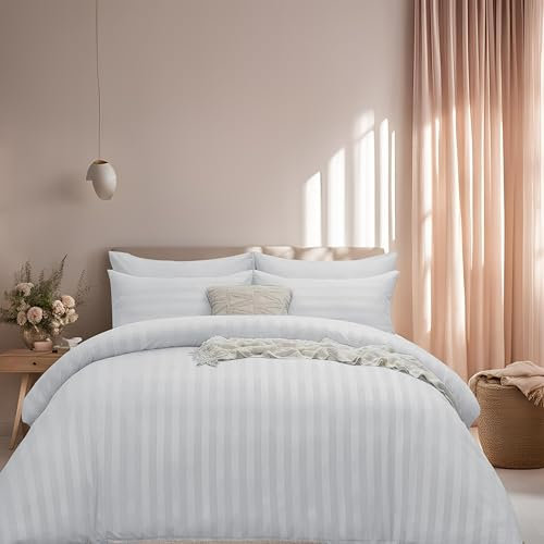 J.Din White Duvet Cover Set - Hotel Quality Satin Striped Reversible Bedding - King Size Bed Set with Pillowcase - Soft Brushed Microfiber Quilt Cover