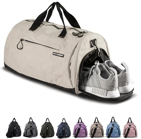 Fitgriff Gymväska för män och kvinnor V1 - Sportväska med skohållare och fuktig ficka för resor, sport, fitness, pool - Duffelväska, Beige, 58 x 31 x 31 cm (Medium), Sporter