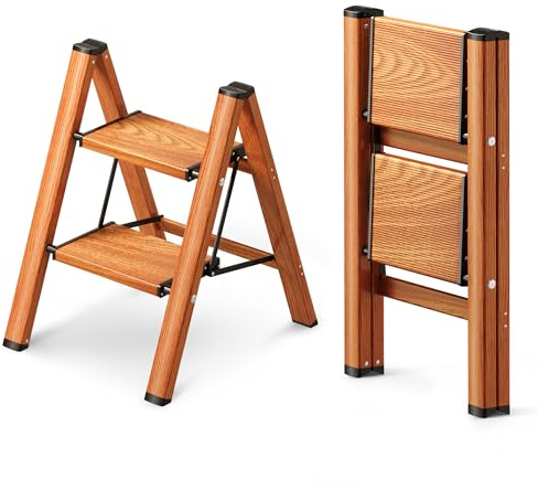 GameGem Escalera de 2 Peldaños, Taburete Plegable con Plataforma Ancha Antideslizante de Aluminio Ligero Pero Resistente, Carga Máxima 150 kg, Diseño Moderno para Espacios Domésticos Interiores
