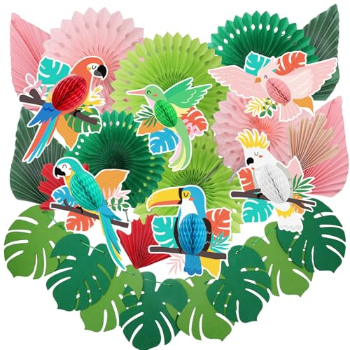 CoKeeSun 21 Stück Hawaii Deko Set, Dschungel Deko Girlande Geburtstag Papier Tropische Palmblätter Tropical Papagei für Sommerdeko, Hawaii Deko, Dschungel Deko