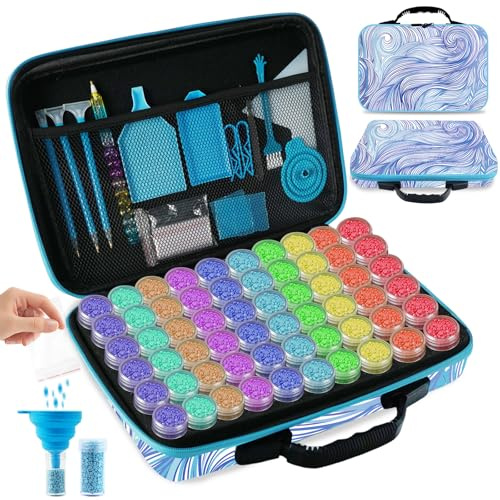 TAVOLOZZA Diamond Painting Storage Containers, 60 Slots Diamond Painting Accessories and Tools with Jars for Beads, Portable Diamond Art Organizer Case, Diamond Art Kit Storage Box