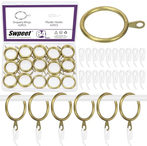 Swpeet 84Pcs 30mm Anillo de Cortina de Cortina de Metal de Bronce con Kit de selección de Gancho de Cortina de plástico, Ojo Deslizante de, Clip para el Dormitorio de la Barra de la Barra del Hotel