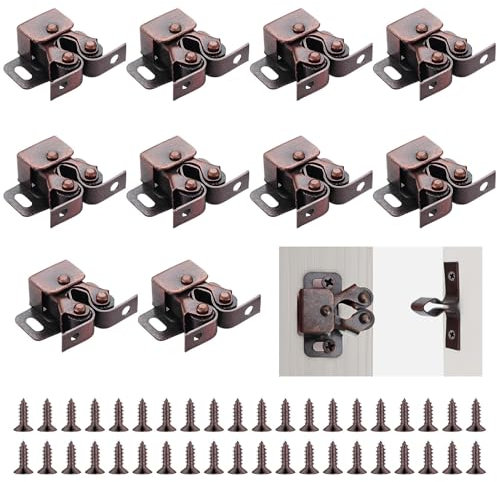 10 PCS Double Roller Catch Cupboard Cabinet Door Latch, Twin Roller Closet Catches Caravan Door Latch with 40 Screws Strong Hold Cupboard Cabinet for Wardrobe Furniture