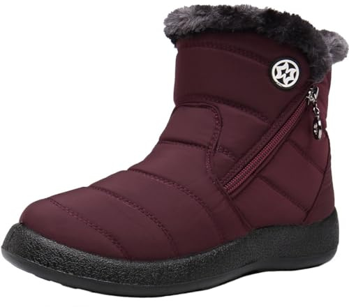 Women Winter Snow Boots Ladies Fur Lined Warm Outdoor Zip Flat Water-Resistant Thermal Non-Slip Ankle Booties Shoes Size,Wine Red_3,3 UK