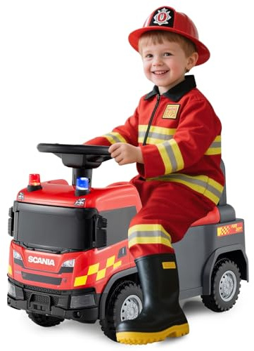 GOPLUS Camión de Construcción de Juguete Licenciado Scania, Coche Correpasillos para Niños con Luces, Sonidos y Almacenamiento Bajo Asiento, Coche Deslizante de Pies al Suelo, 18+ Meses (Rojo)