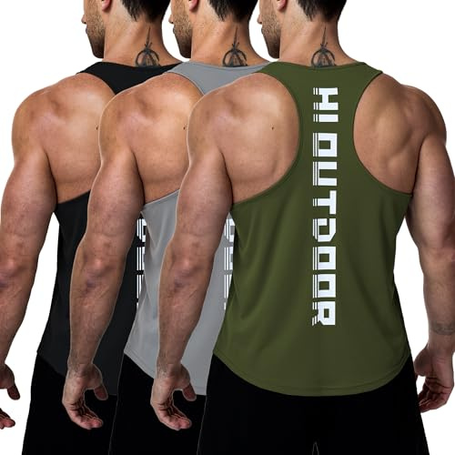 Hioutdoor Men's Fitness Tank Tops, 3-Pack Sleeveless Shirts, Breathable Quick Dry Muscle Tank Tops for Gym Training Workout Running, Athletic Functional Shirts