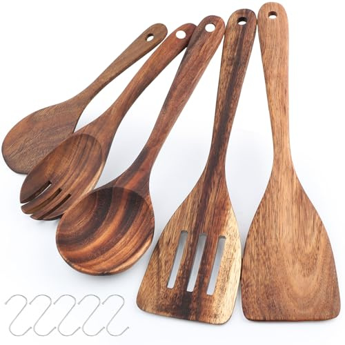SneiDr Juego Utensilios de Cocina Madera Acacia 5 Piezas con Espátula Cucharón Cuchara para Arroz Tenedor de Ensalada Compatible con Sartenes Antiadherentes incluye 5 Ganchos para Cocina Hogar
