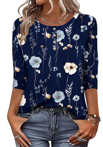 Zeagoo Womens 3/4 Sleeve Tops Basic Casual Blouses Crew Neck Henley T Shirts Spring Summer Floral Blue M