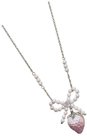 Collana con perle e fiocco di fragola, regalo per donne e ragazze, elegante gioiello per il collo