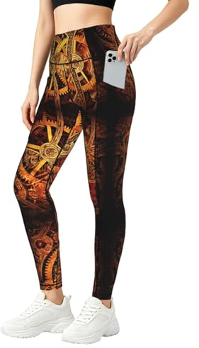 Coola steampunk kugghjul tryck leggings med fickor för kvinnor, mjuka fitnesskläder, för gym och vardagskläder