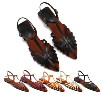Sandalias Vintage de tacón T, Punta Puntiaguda y talón Descubierto para Mujer | Sandalias de Verano con Tira, Tacón Bajo y Hebilla Ajustable