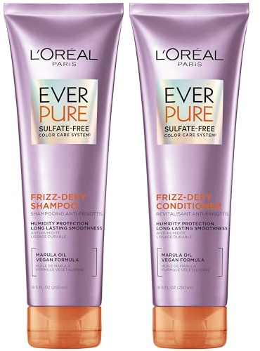 L'Oreal Paris Frizz Defy Shampoo and Conditioner Set, Frizz Control Hair Care with Marula Oil, EverPure, 8.5 Fl Oz, Set of 2