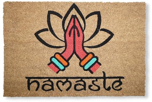 koko doormats Felpudo Entrada Casa Original de Coco Natural “Namaste” | Alfombra de Entrada Antideslizante para Exterior e Interior | 60x40 cm | Diseño Etnico | Base PVC Segura
