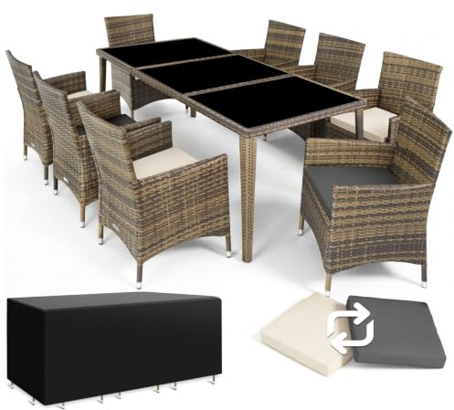 tectake® Conjunto Jardín Exterior de Ratán y Aluminio, Muebles Jardín Exterior Resistente a la Intemperie, 8 Sillas con Cojines, 1 Mesa con Cristal, 2 Juegos de Fundas y Funda Protectora - Natural