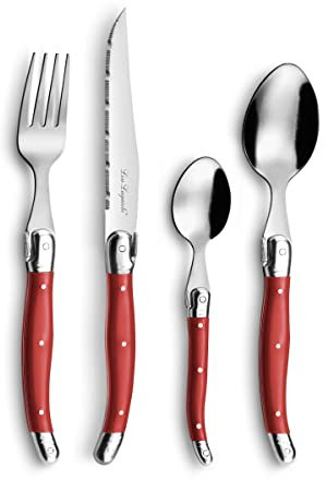 LOU LAGUIOLE - 24-teiliges Tafelbesteck für 6 Personen – Rustic – Edelstahl 18/0, Standard-Finish – Rot