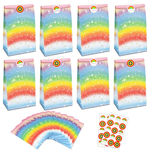 PHOGARY Geschenktütchen Mitgebsel Kindergeburtstag Tüten Regenbogen Geburtstag Party - 54stk (24 Regenbogen Partytüten + 30 Regenbogen-Sticker) Geschenktüten für Mädchen Gastgeschenke Partytüten