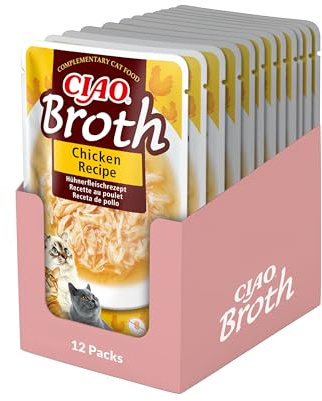 Ciao Broth by INABA Wet Cat Food - Chicken - 12 Packs (480g total) / Moist Treat, Delicious & Healthy Snack, Food Topper, Side Dish, Complement, Natural, Grain Free, Wet Cat Food