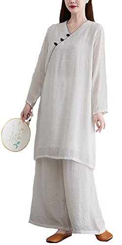 Zen-Kleidung für Damen, Tai-Chi-Kleidung, Kampfsport-Anzug, Zen-Tee-Kleidung, Anzug im chinesischen Stil, Baumwolle + Leinen, Tee-Kunst-Kleidung, Zen-Meditationskleidung, Tang-Anzug, Weiß-XL