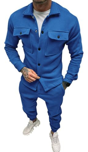 Oanviso 2 Teilig Herren Sportanzug Freizeitanzug Outfit Arbeitsjacke mit Knöpfen und Sporthosen Einfarbig Winterjacke Männer Cardigan Mantel Oversized für Frühling A Dunkelblau M