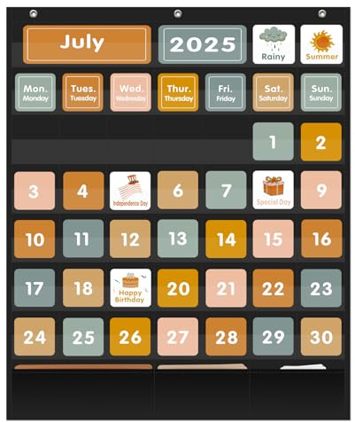 REGELETO Boho - Calendario tascabile con 46 + 3 tasche, con 92 carte, per classe, misura grande: 73 x 61 cm, calendario mensile nero e tabella meteo tascabile per bambini che imparano a casa o