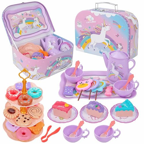 Juego de Té para Niños, 42 Piezas Juego de té Infantil con Postre Juguete, Accesorios Cocina y Juegos de Simulación de Cocina, Cumpleaños Regalo para Niñas 3 4 5 6 7 8 Años