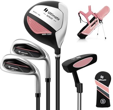 COSTWAY 4-delat set för barn, golfklubbor för barn, högerhänta golfklubbor med golfväska och regnhuva, komplett golfset inkl. 7 järn, S-järn, 1 förare och putter för barn från 8–10 år (rosa)