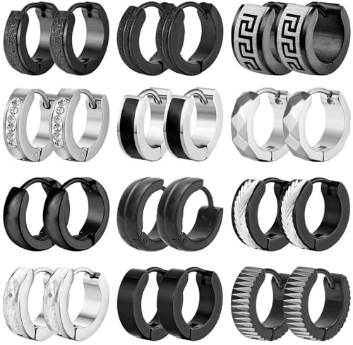 SUBANG 12 Pairs Stainless Steel Hoop Earrings for Men Hypoallergenic Earring Unisex Earring Black Silver Hoop Earrings for Women Men
