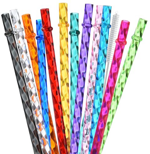 ALINK 12-Pack Reusable Plastic Clear Swirl Straws, 11 Long Colorful Hard Plastic Tumbler Replacement Straws for 16 OZ 20 OZ 30 OZ Stanley, YETI, Starbucks, Owala Tumblers with Brush