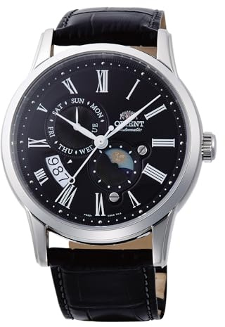 Orient Classic Sun & Moon AK00 Herren-Armbanduhr, automatisch, manuell aufziehbar, elegant, Leder schwarz, Klassisch