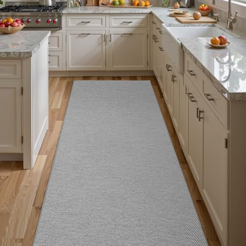 DEXI Teppich Läufer, Küchenteppich waschbar rutschfest, Flur Teppich Absorbierend, dauerhaft & antistatisch, Küchenläufer für Eingang, Küche, Wohnraum, 61x210cm, Grau