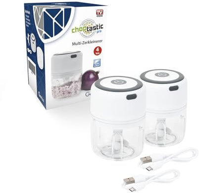 Genius Choptastic Pro elektrischer Universalzerkleinerer, Gemüseschneider Multi-Zerkleinerer, 2 Stücke, 300 ml Fassungsvermögen, USB Anschluss, Mini-Küchenmaschine, wiederaufladbar