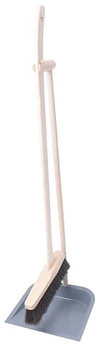 Aqbau® HolzI Stehkehrgarnitur Grau – Kehrschaufel-Set mit langem Stiel – Handfeger aus Buchenholz – Metall-Kehrblech – steht selbstständig – für Parkett & Fliesen