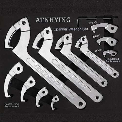 ATNHYING 12pcs Adjustable Spanner Wrench Sets with Replaceable Head, C-Shape Pin Hook Wrench Tools for Pipes Heating Cars, Castle Buffer tube Nut Coilover Wrench for Suspension System, 3/4 to 6-1/10