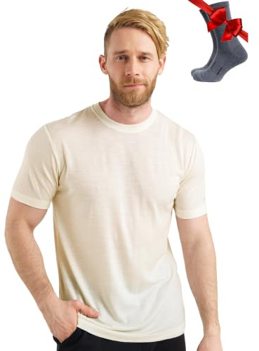 Merino Wool T-Shirt Mens - Merino Wool Undershirt Thermal Shirt for Men and Hiking Socks (Large, Creamy White)