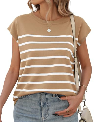 UMIPUBO Camisetas Manga Corta Mujer Verano Cuello Redondo A Rayas Camiseta Elegantes Basicas T Shirt Moda Casual Tops Ligera Cómoda Túnicas Blusas tee (Caqui, XXL)