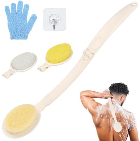 LOPHE Rückenbürste Dusche mit Langem Stiel, 3 in 1 BadebüRste Eincremehilfe für Rücken, Rückenbadebürste für Dusche zum Duschpeeling, Massage, 3 Austauschbare Bürstenköpfe