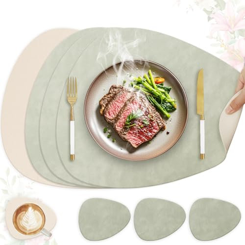 HELI MIAO 4er Set Tischset aus Leder-Imitat，Platzsets abwaschbar und wasserdicht，Platzdeckchen Lederoptik mit Untersetzer,Tischuntersetzer Doppelseitigen rutschfest(Oval,Hellgrün+Beige)